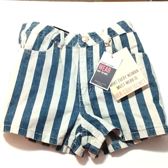 ANGEL KISS STRIPED HIGH RISE CARPENTER UTILITY SHORTS SIZE 7-28 NWT - Picture 1 of 7